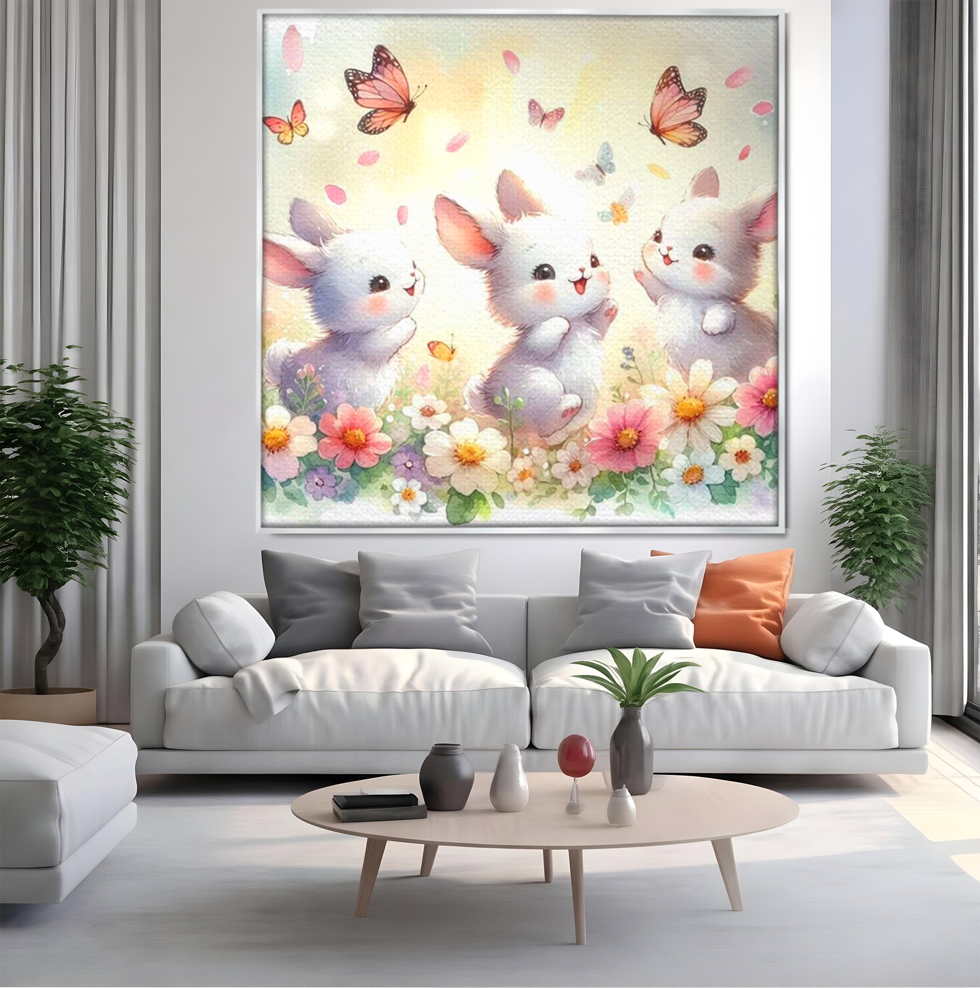 Tablou canvas cu ilustratie cu trei iepurasi si fluturi, in rama de aluminiu argintiu, pe perete intr-un living